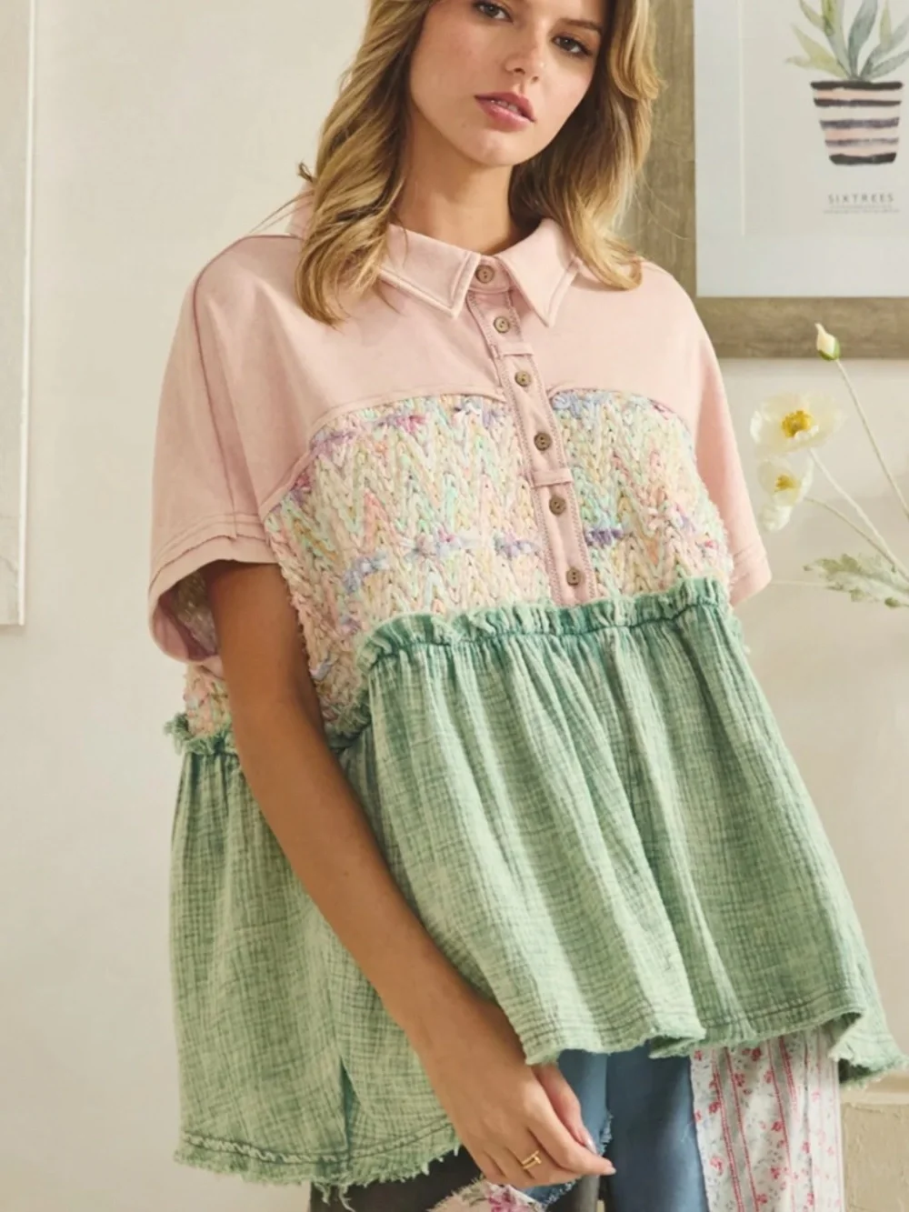 🎉 Oli and Hali “ NIECY “ Oli & Hali WASHED PRINT PATCHWORK TOP 72